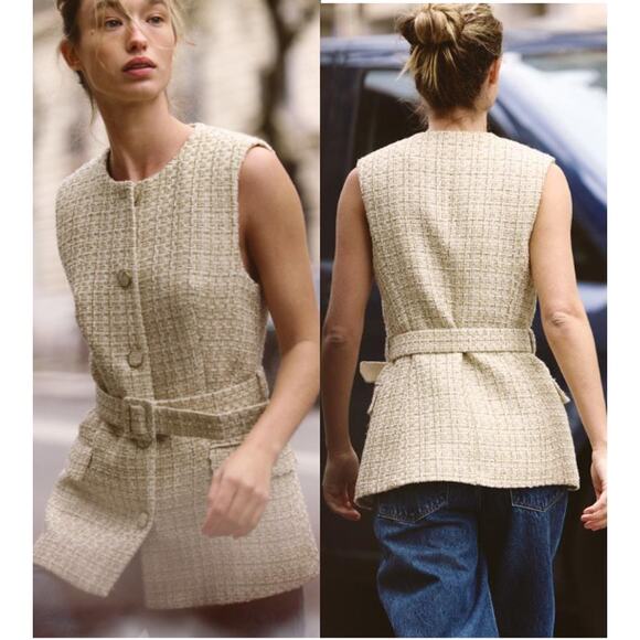 Zara Textured Sleeveless Button Front Vest Waistcoat With Belt Beige Women's M - Picture 1 of 8